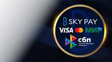 Изображение популярных платежных логотипов, таких как Visa, Mastercard и МИР, а также Sky Pay, подчеркивающее гибкость платежей в Онлайн-казино Номад онлайн-казино.